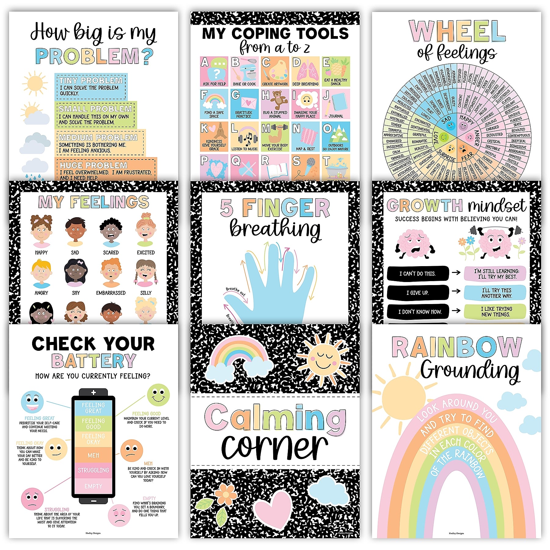 Hadley Designs 11" x 14" Colorful Dark Calming Corner and Feelings Chart Posters, 9/Set (HDDX004AHGC9D)