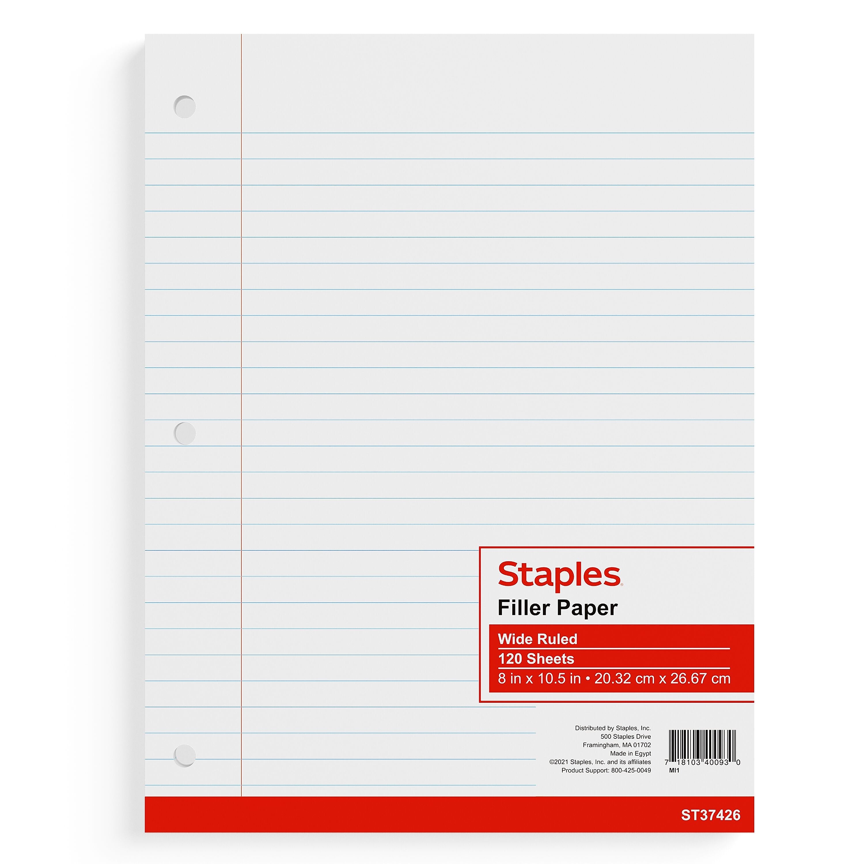 Staples® Wide Ruled Filler Paper, 8" x 10.5", White, 120 Sheets/Pack (ST37426D)