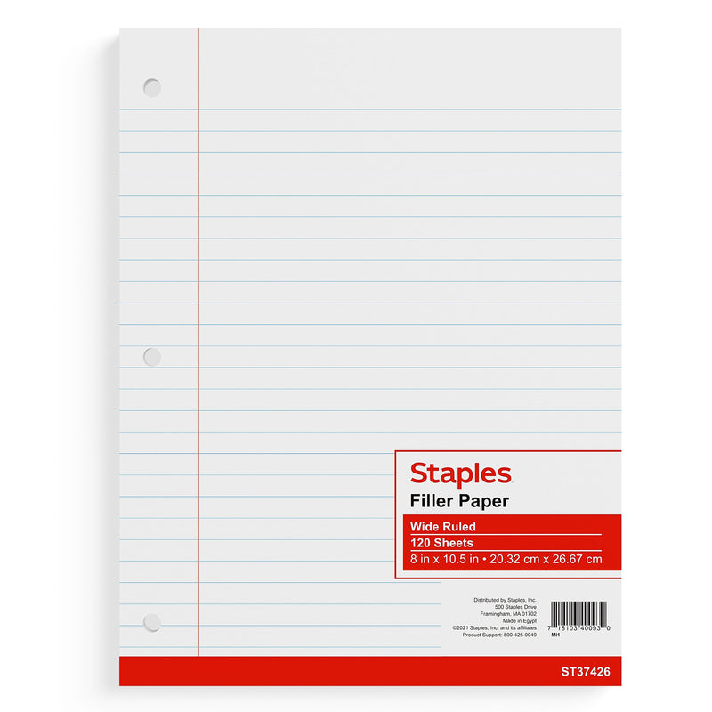 Staples® Wide Ruled Filler Paper, 8" x 10.5", White, 120 Sheets/Pack (ST37426D)