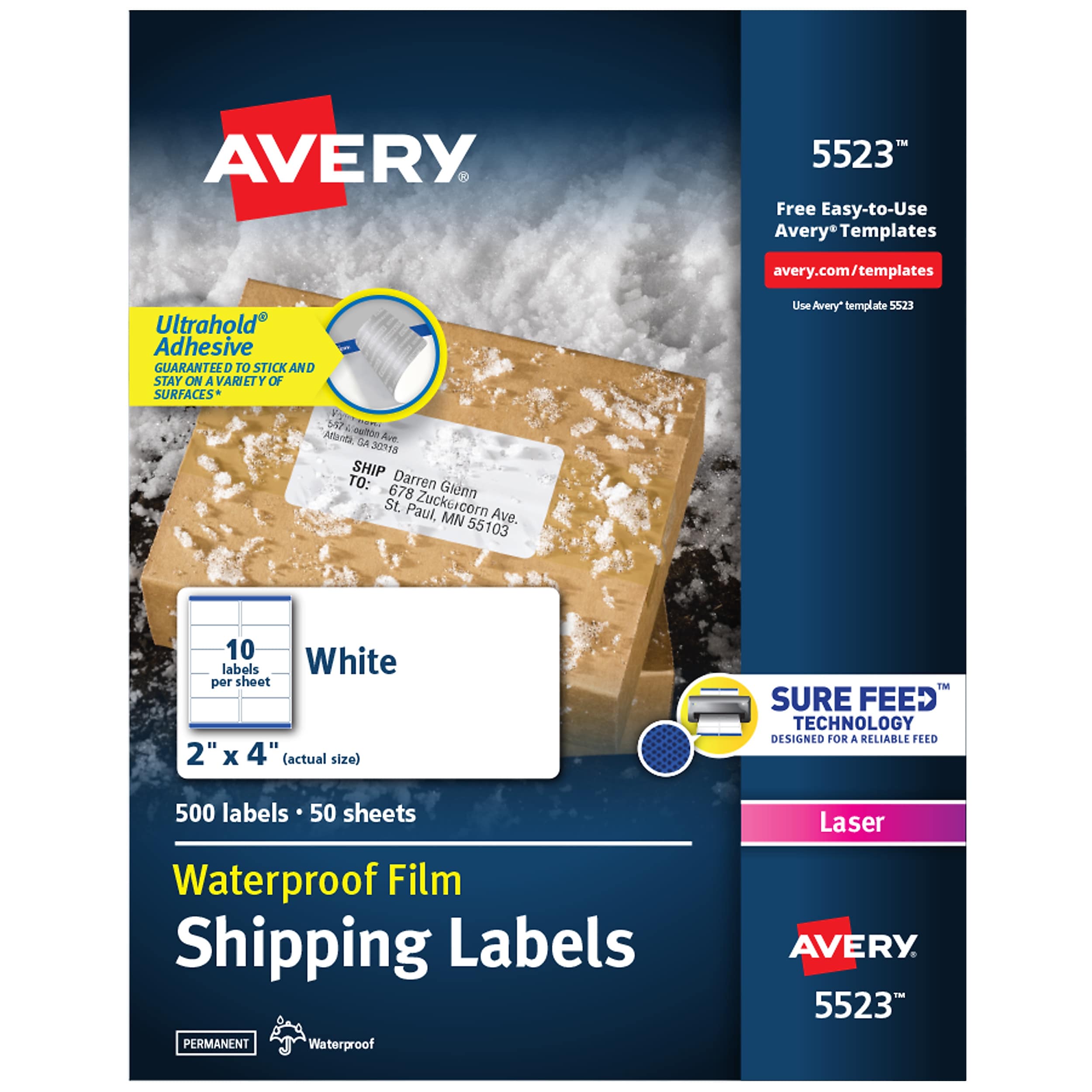 Avery Waterproof Laser Shipping Labels, 2" x 4", Matte White, 500 Labels/Box (5523)