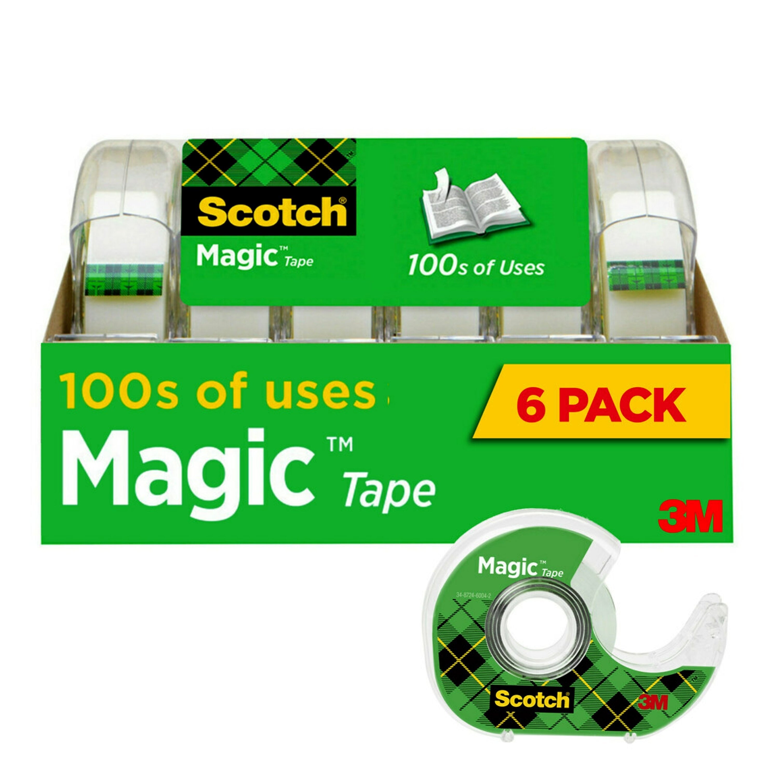 Scotch Magic Invisible Clear Tape With Dispenser, 0.75" x 18 yds., 1" Core, Transparent, 6 Rolls/Pack (6122)