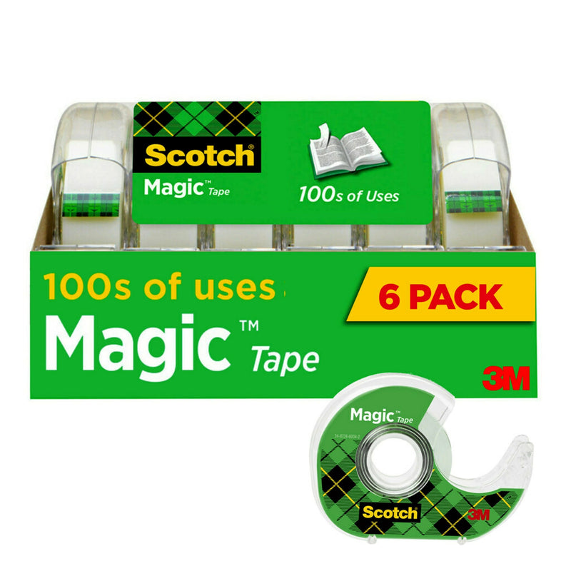 Scotch Magic Invisible Clear Tape With Dispenser, 0.75" x 18 yds., 1" Core, Transparent, 6 Rolls/Pack (6122)