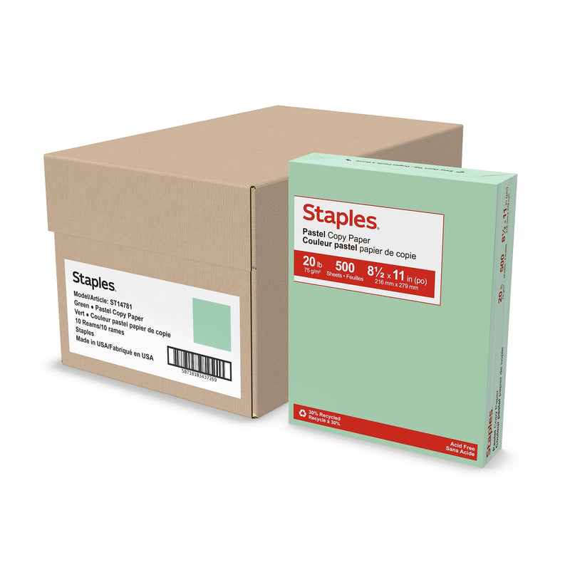 Staples Pastel 30% Recycled Color Copy Paper, 20 Lbs., 8.5" x 11", Green, 5000/Carton (14781-AA)