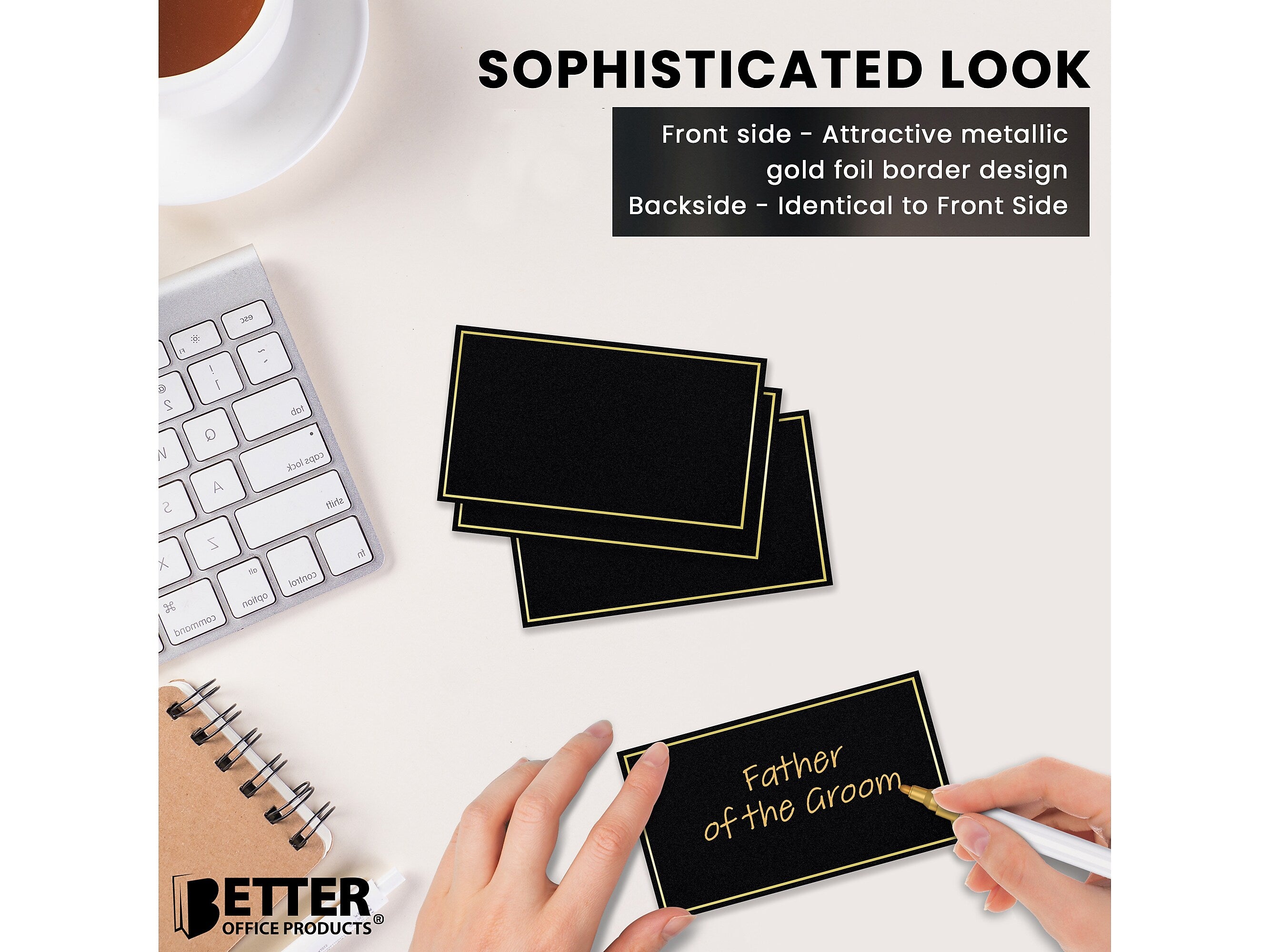 Better Office 2" x 3.5" Matte Black/Gold Table Tent Place Card, 100/Pack (64647-100PK)