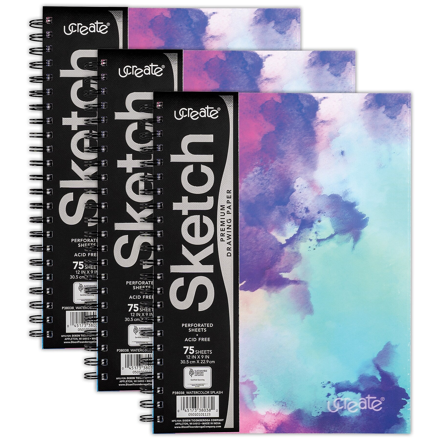 uCreate 9" x 12" Wire Bound Sketch Book, 75 Sheets/Book, 3 Pads/Bundle (PAC38038-3)