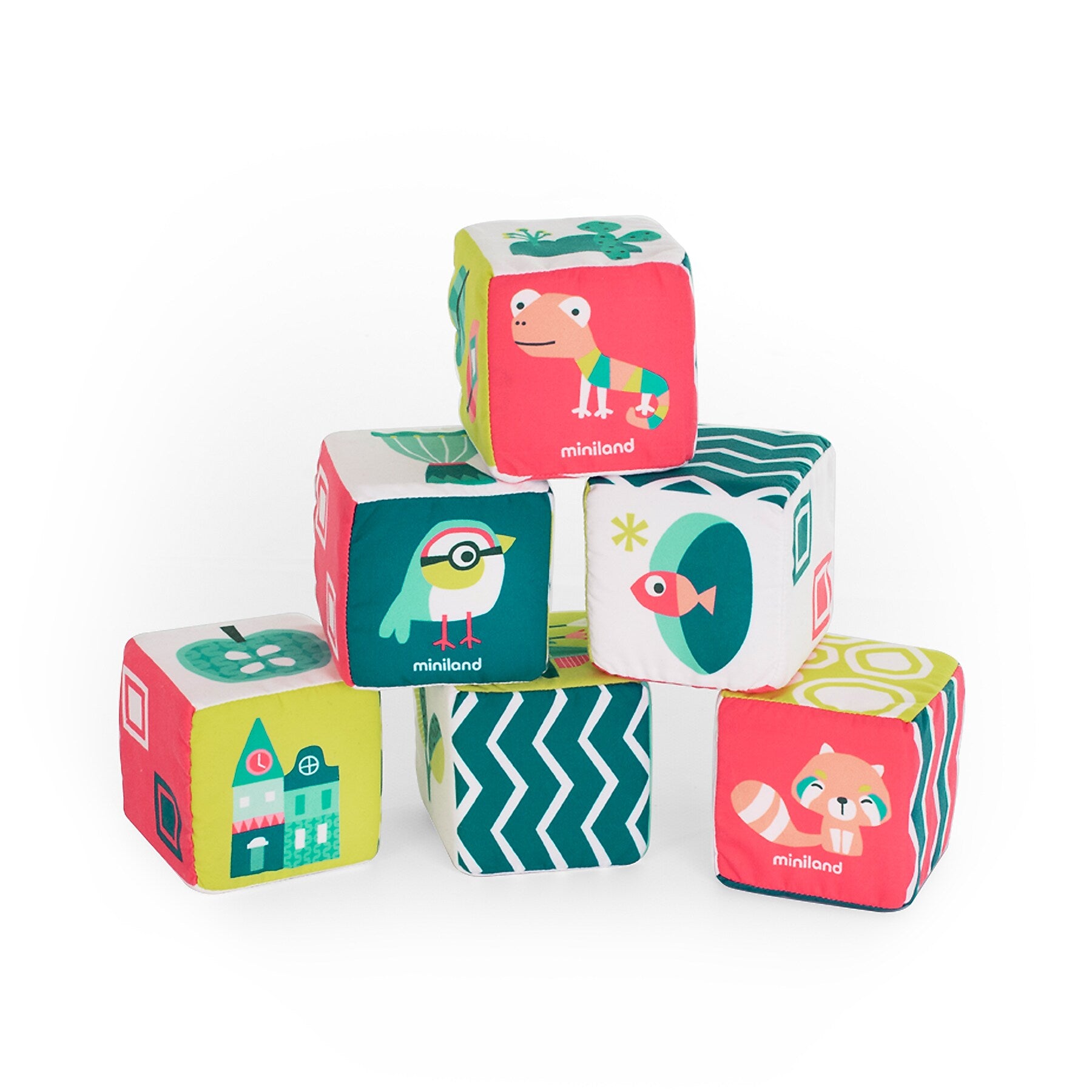 MINILAND Feel to Learn: Soft Rattle Cubes Set, Multicolored, 6 Pieces/Set (MLE97320)