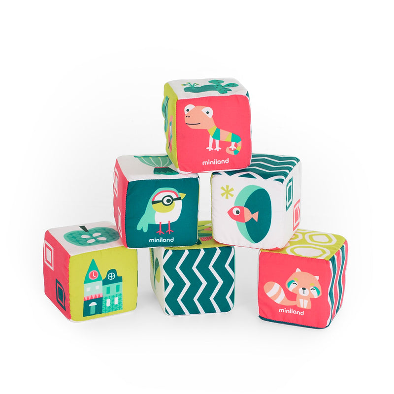 MINILAND Feel to Learn: Soft Rattle Cubes Set, Multicolored, 6 Pieces/Set (MLE97320)