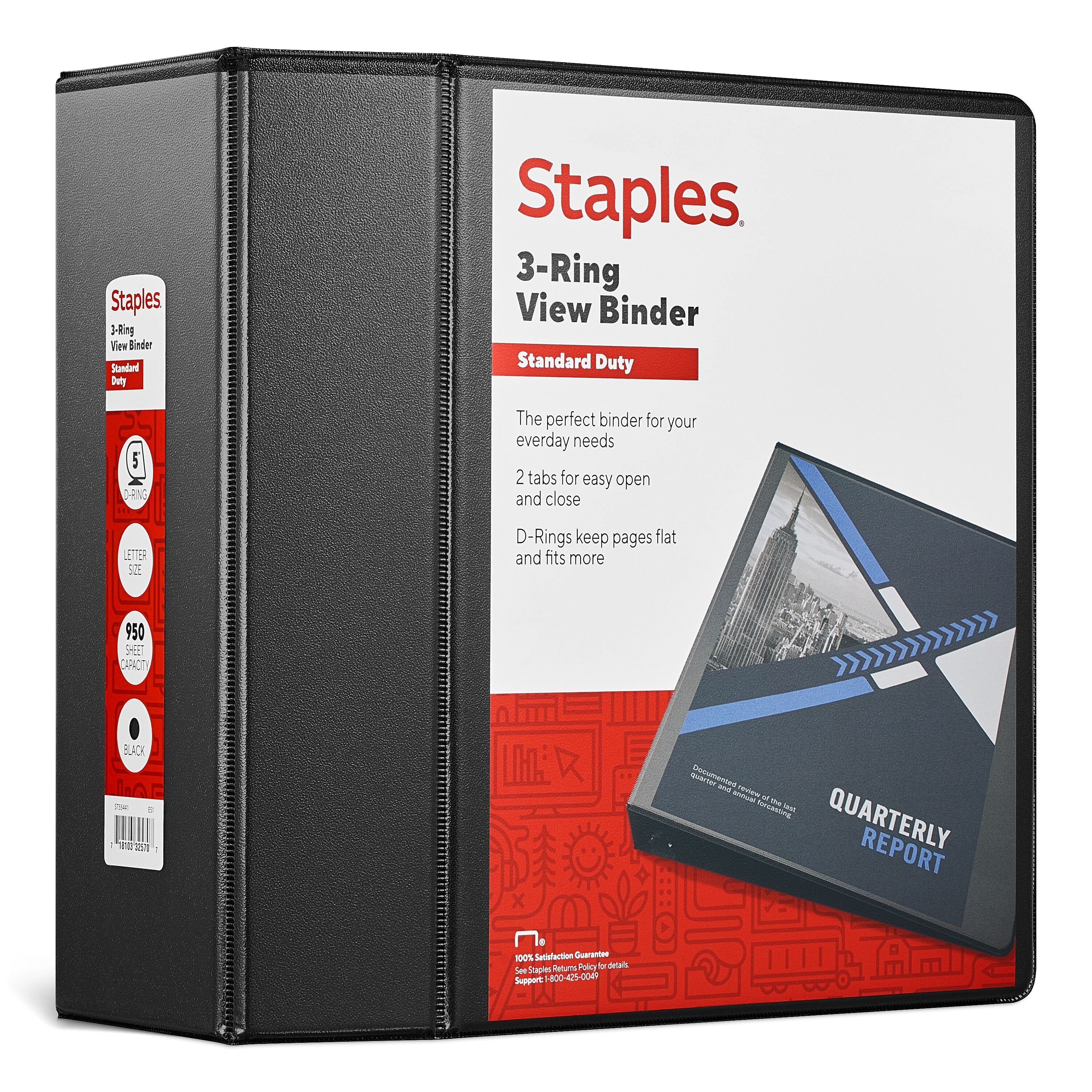 Staples 5" 3-Ring View Binder, D-Ring, Black (55441/26359)