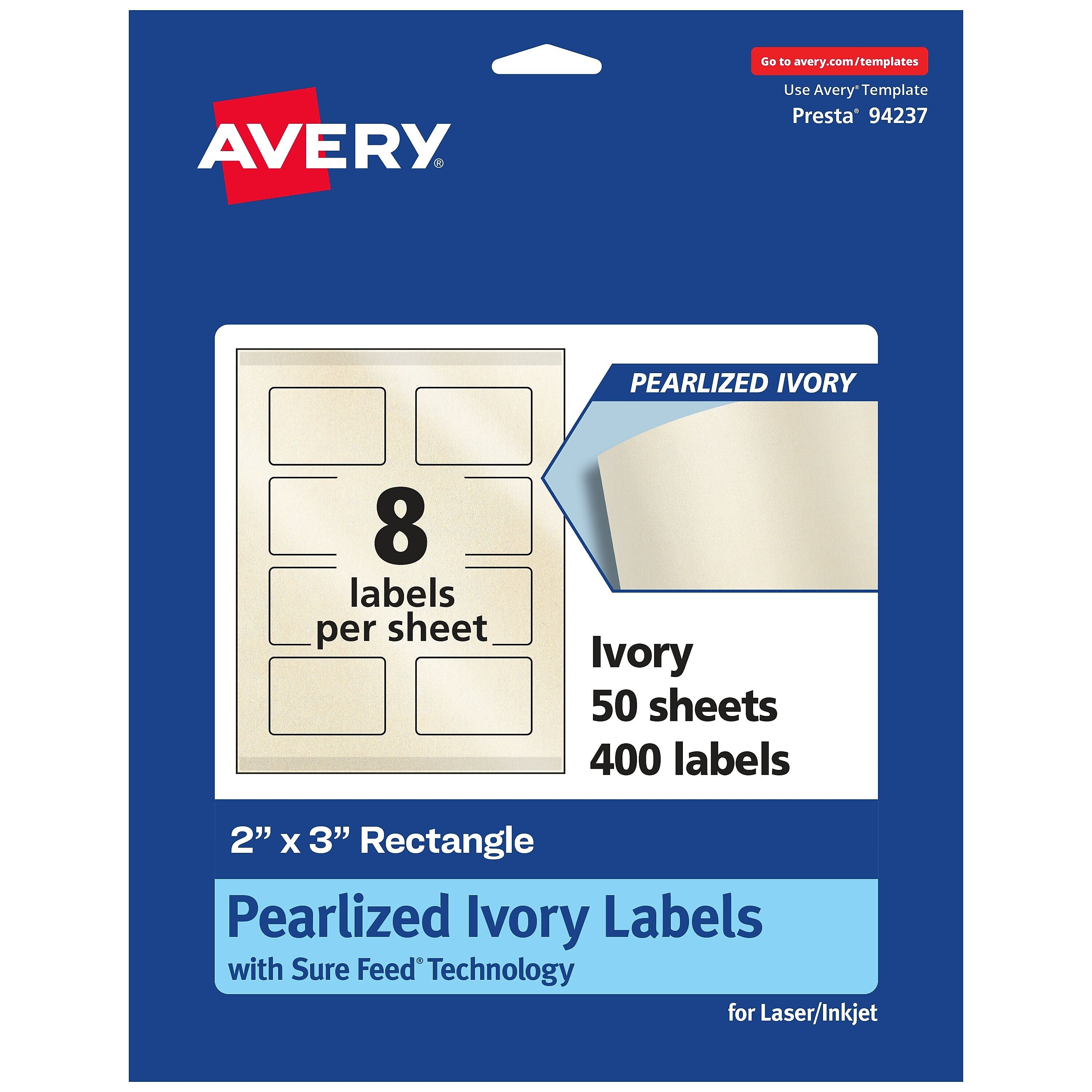 Avery Laser/Inkjet Rectangle Pearlized Labels, 2" x 3", Ivory, 400 Labels/Box (94237)