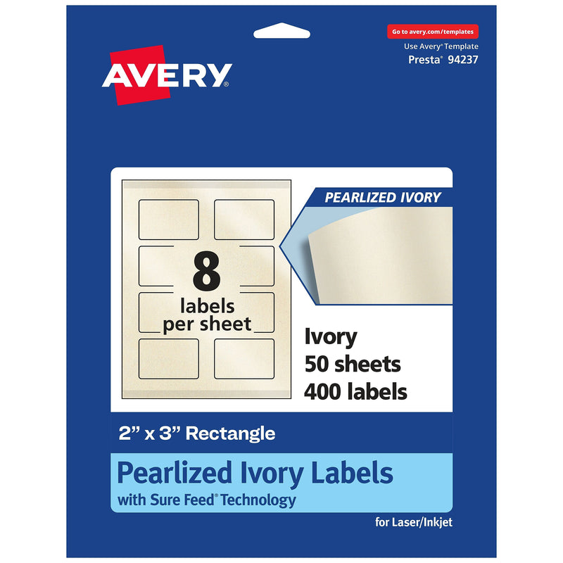 Avery Laser/Inkjet Rectangle Pearlized Labels, 2" x 3", Ivory, 400 Labels/Box (94237)