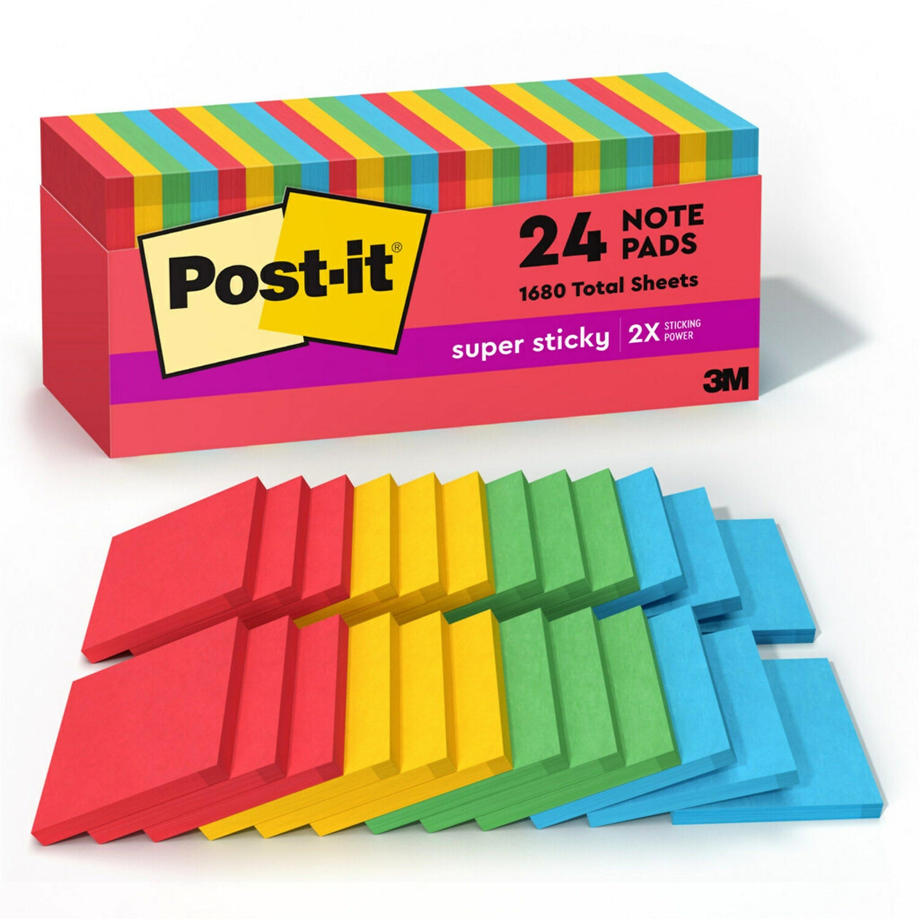 Post-it Super Sticky Notes, 3" x 3", Playful Primaries Collection, 70 Sheet/Pad, 24 Pads/Pack (65424SSANCP)