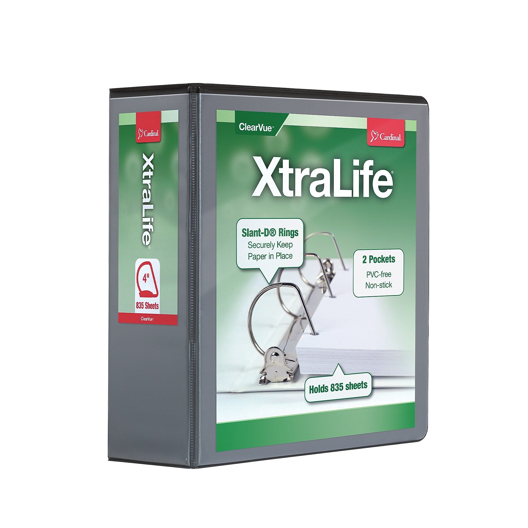 Cardinal XtraLife ClearVue 4" 3-Ring Non-View Binders, D-Ring, Black (26341)