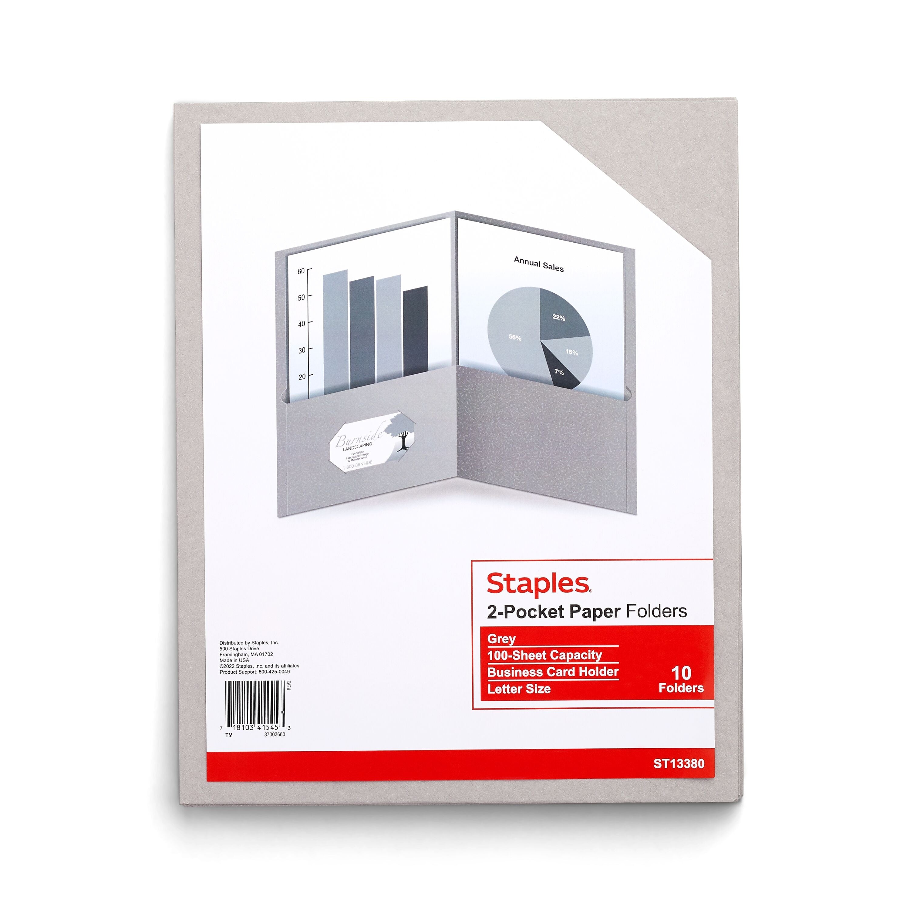 Staples 10% Recycled Smooth 2-Pocket Paper Presentation Folder, Gray, 10/Pack (13380-US)