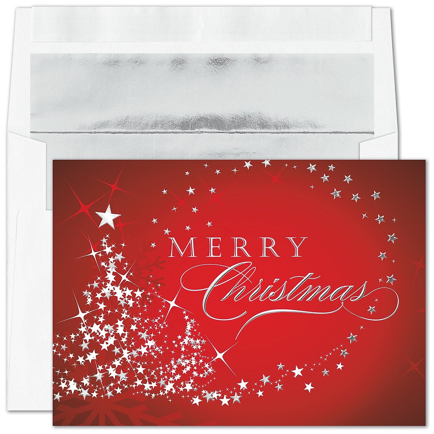 "Starry Tree Merry Christmas" Holiday Card w/Silver Lined White Envelope, 50/BX
