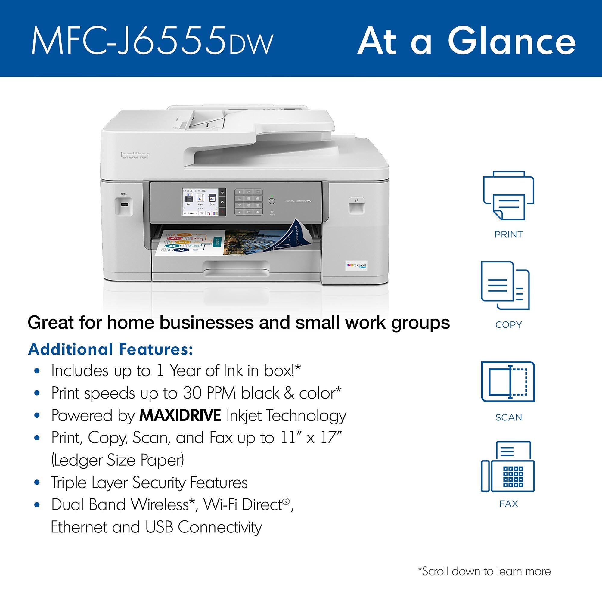 Brother INKvestment Tank MFC-J6555DW Wireless Color Inkjet Printer, All-In-One Supertank, Print, Scan, Copy, Fax