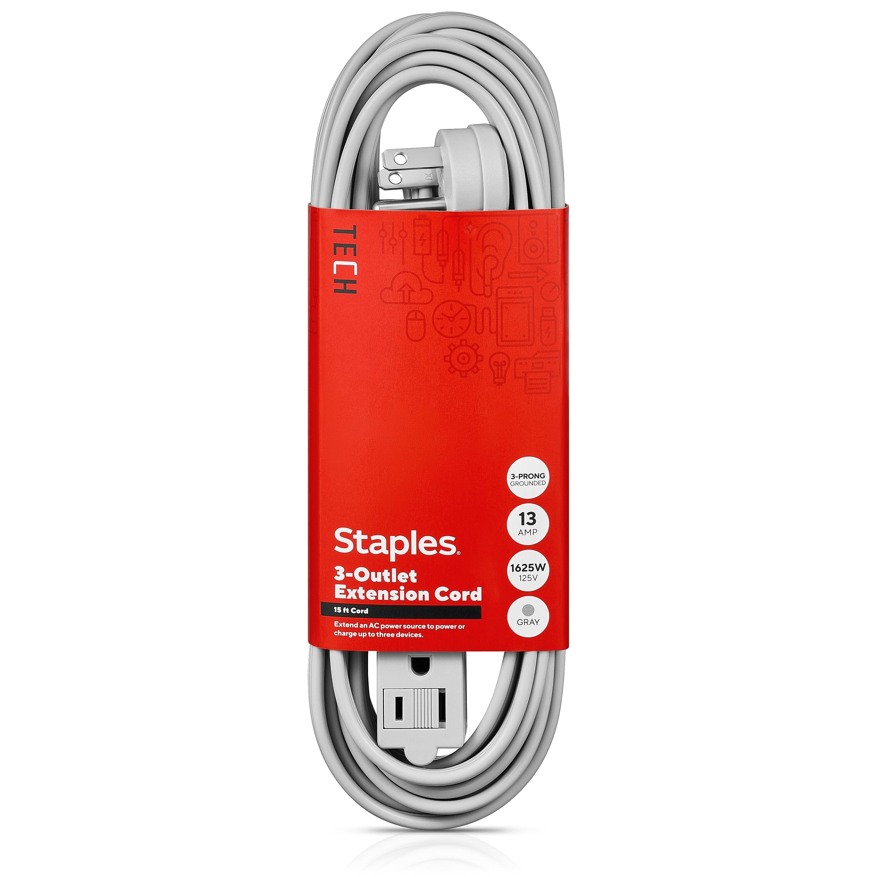 Staples TECH 15' Extension Cord, 3-Outlet, 16 AWG, Gray (ST22130-CC)