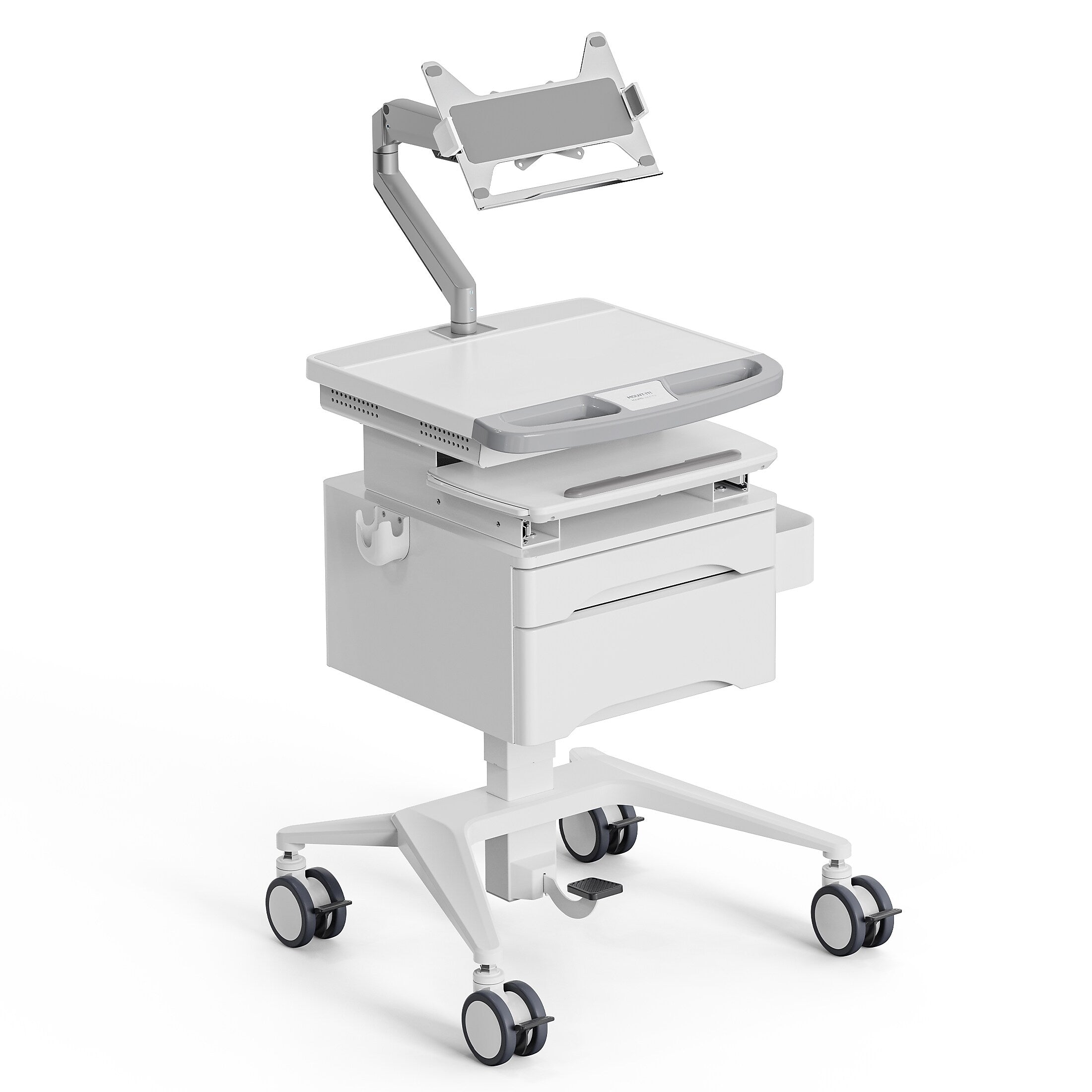 Mount-It! MedHub Mobile Medical Cart Workstation with Drawers, Laptop Arm, and Locking Caster Wheels, White/Grey (MI-16027)