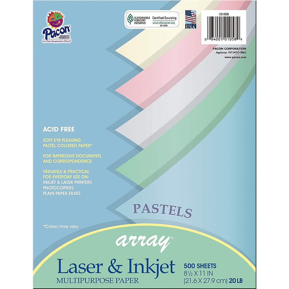 Pacon Array Pastels Paper, 8.5" x 11", 20 lbs., Assorted Colors, 500/Ream (PAC101058)