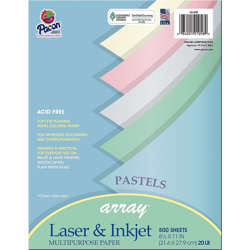 Pacon Array Pastels Paper, 8.5" x 11", 20 lbs., Assorted Colors, 500/Ream (PAC101058)