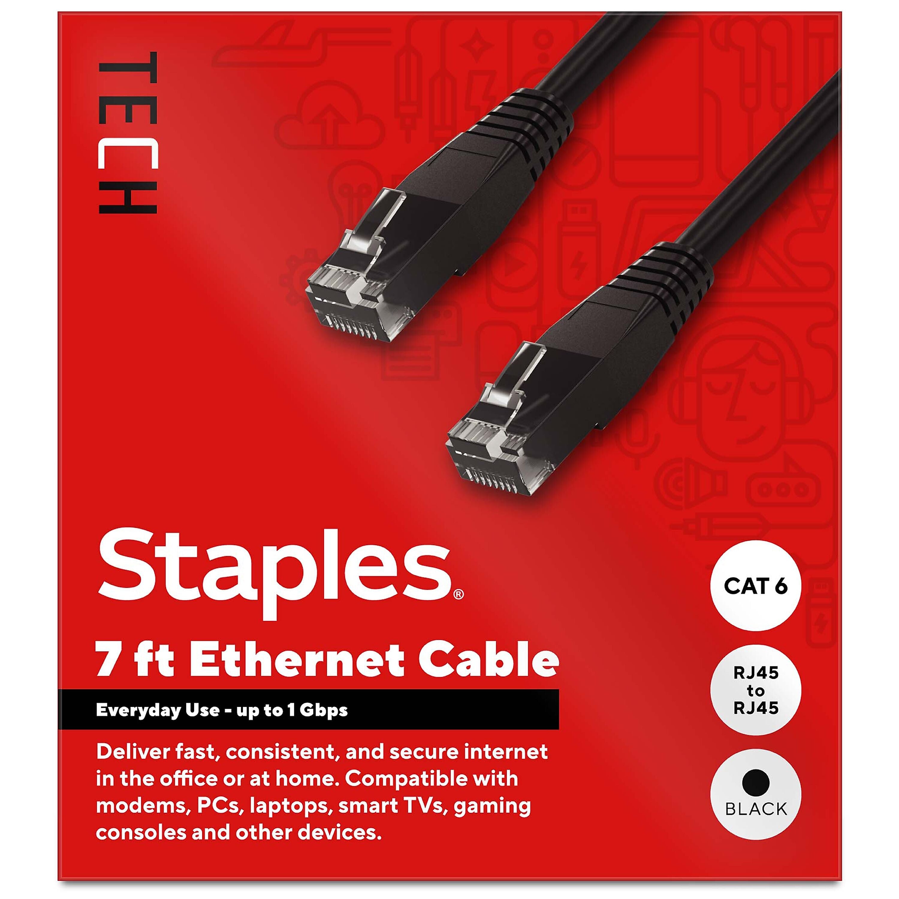 Staples TECH 7 ft. Cat-6 Ethernet Cable, Male to Male, Black (ST62458)