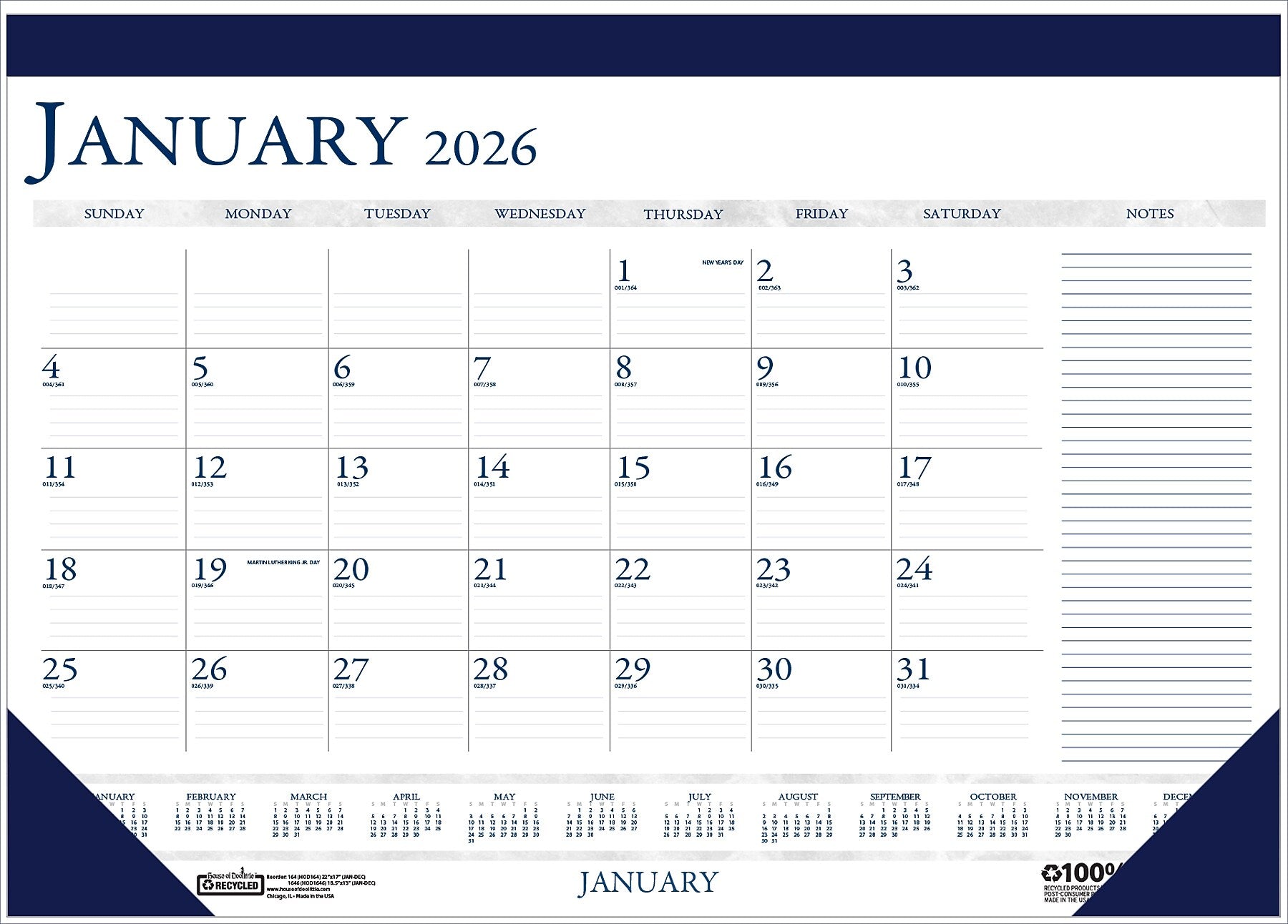 2026 House of Doolittle 18.5" x 13" Monthly Desk Pad Calendar, Blue (1646-26)