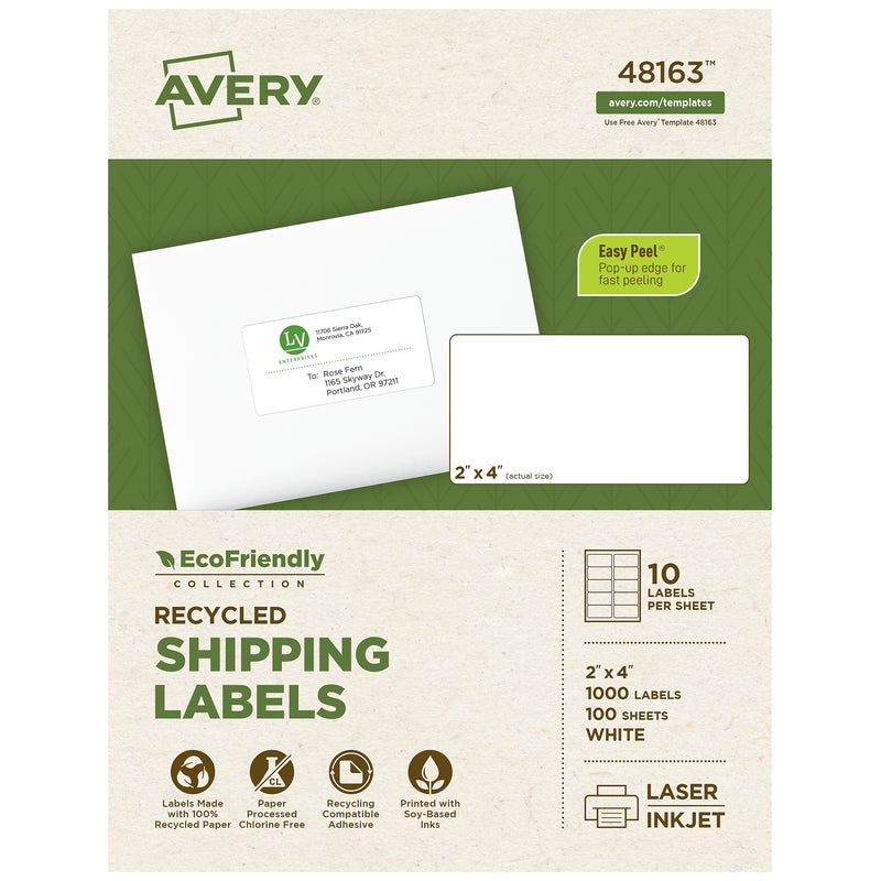 Avery EcoFriendly Laser/Inkjet Shipping Labels, 2" x 4", White, 1,000 Labels/Box (48163)
