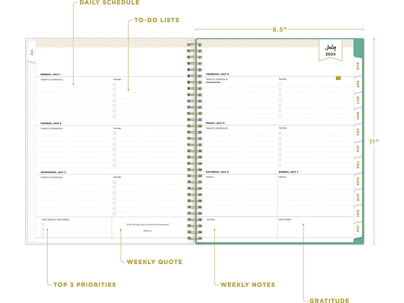 2024-2025 Blue Sky Day Designer Palms 8.5" x 11" Academic Weekly & Monthly Planner, Plastic Cover, White/Green (137891-A25)