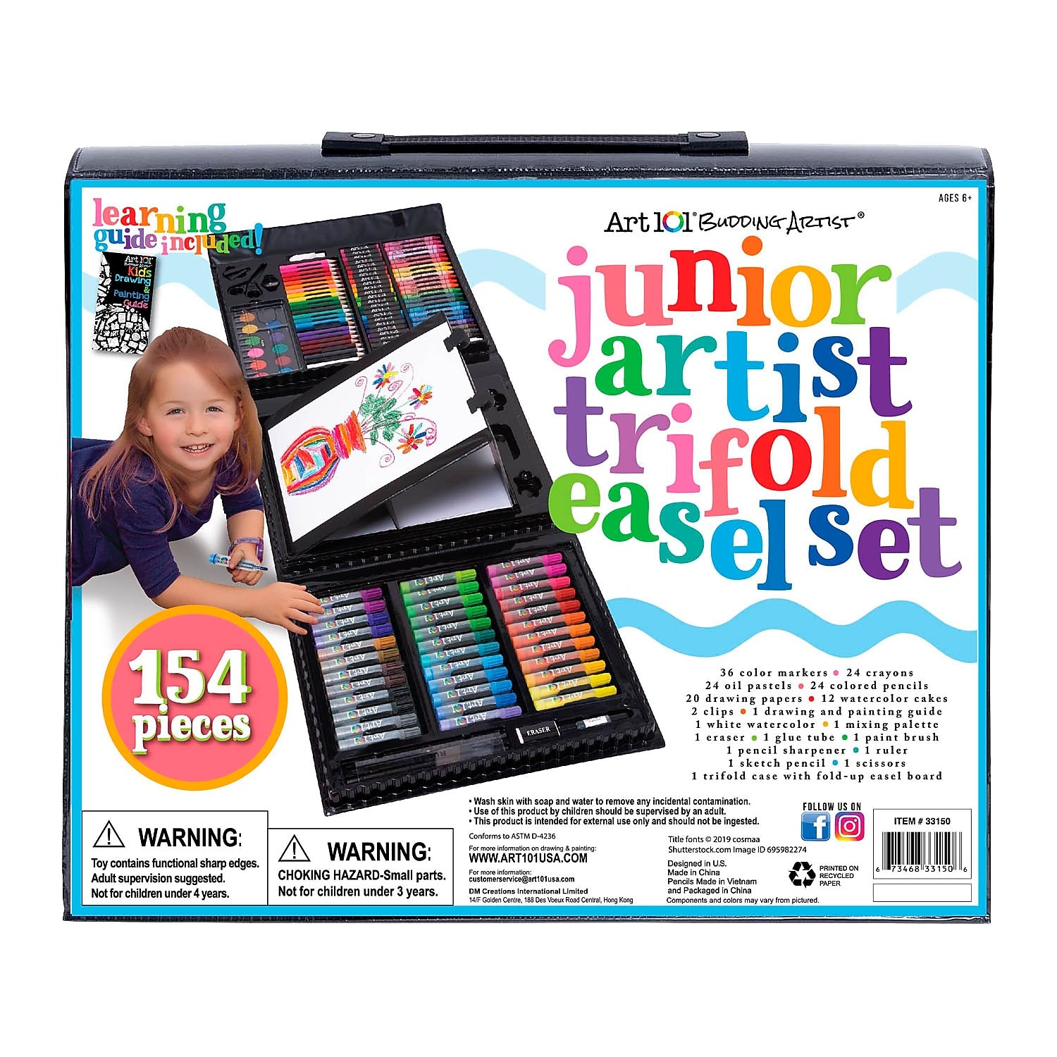 Art 101 Junior Artist Trifold Easel Color and Create Art Set, Assorted Colors, 154/Pack (53151MB)