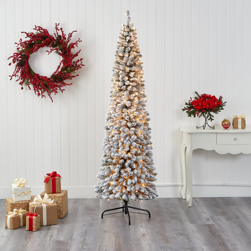 Nearly Natural 7-ft Flocked Pencil Artificial Christmas Tree with 400 Clear Lights and 574 Bendable Branches (T1907)