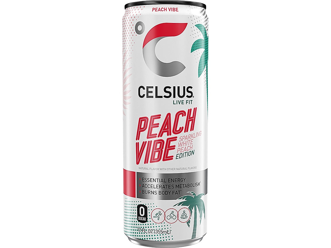 Celsius Sugar-Free Peach Vibe Sparkling Energy Drink, 12 fl. oz., 12 Cans/Carton (01043)