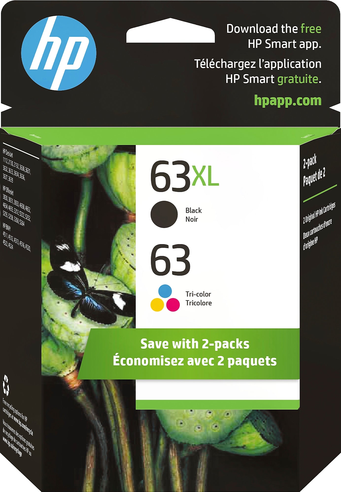 HP 63XL/63 Black High Yield and Tri-Color Standard Yield Ink Cartridge, 2/Pack (L0R48AN#140)