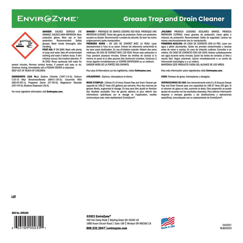 Betco Envirozyme Grease Trap and Drain Cleaner Blocks, Green, 8 oz., 64/carton (BETZ320C1400)