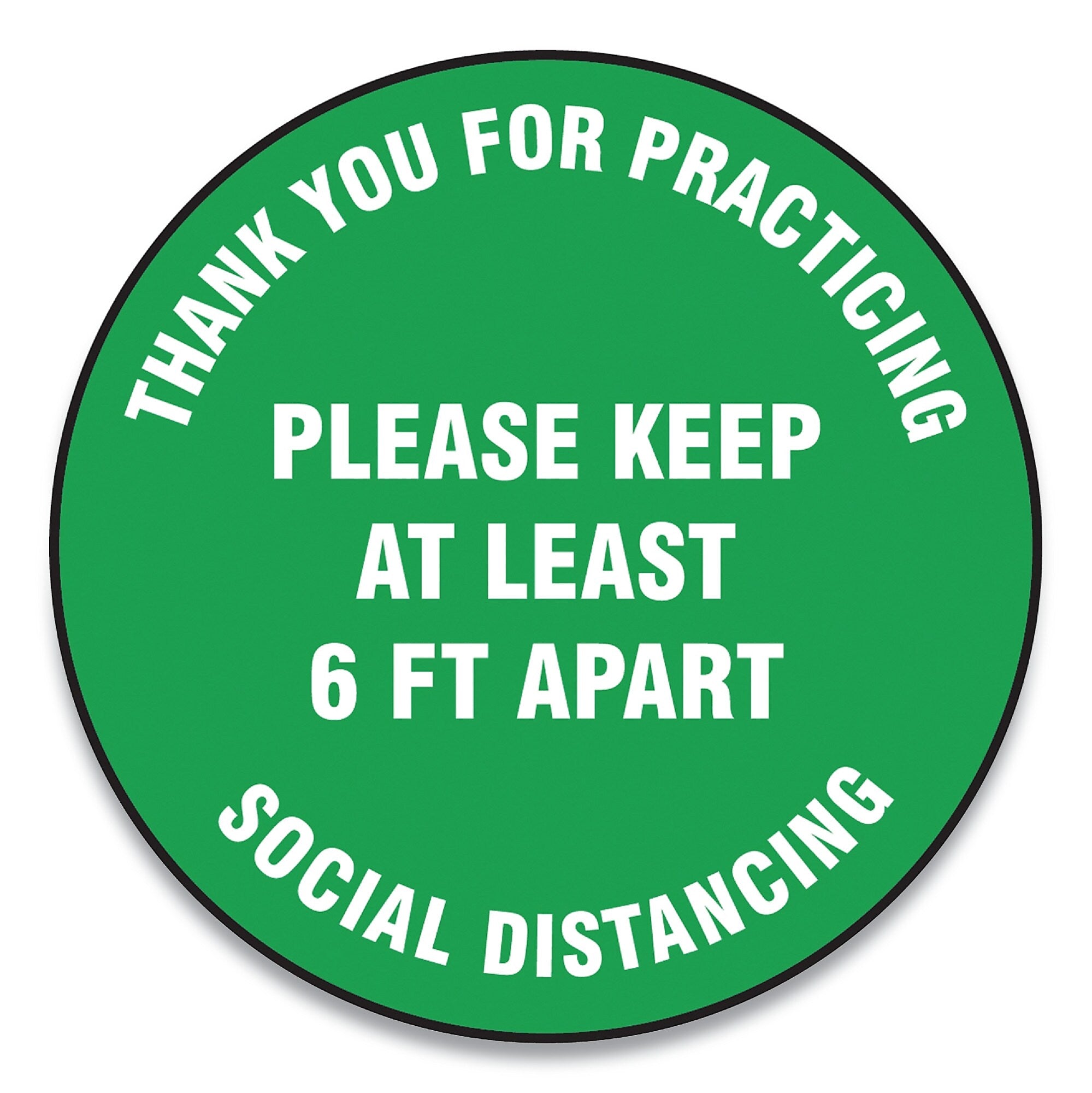 Accuform Slip-Gard Floor Signs, 12" Circle, "Thank You For Practicing Social Distancing...", Green, 25/PK (GN1MFS424ESP)