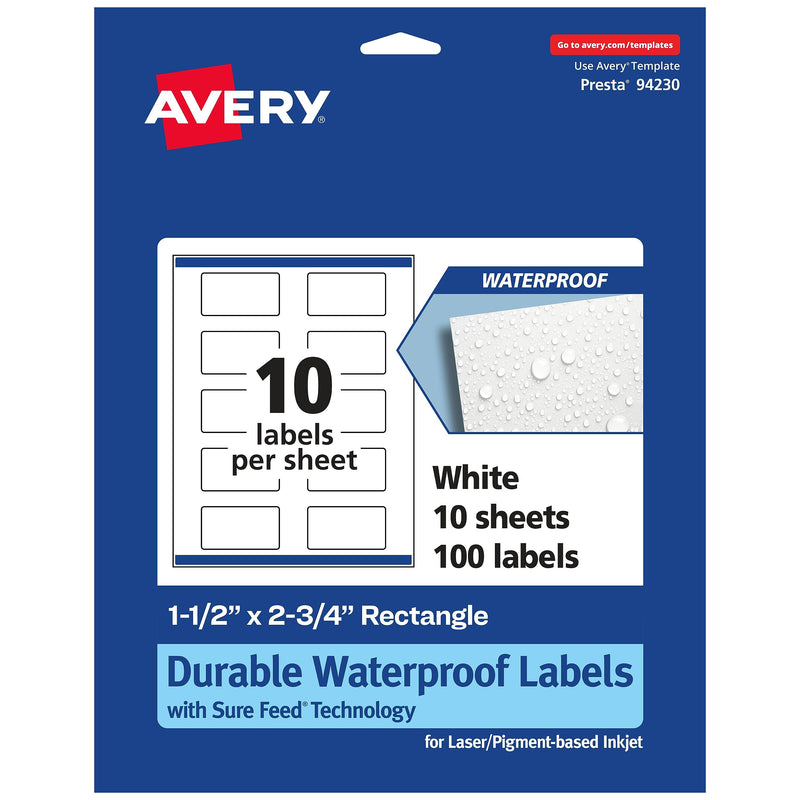 Avery Laser/Inkjet Rectangle Durable Waterproof Labels, 1.5" x 2.75", White, 100 Labels/Pack (94230)