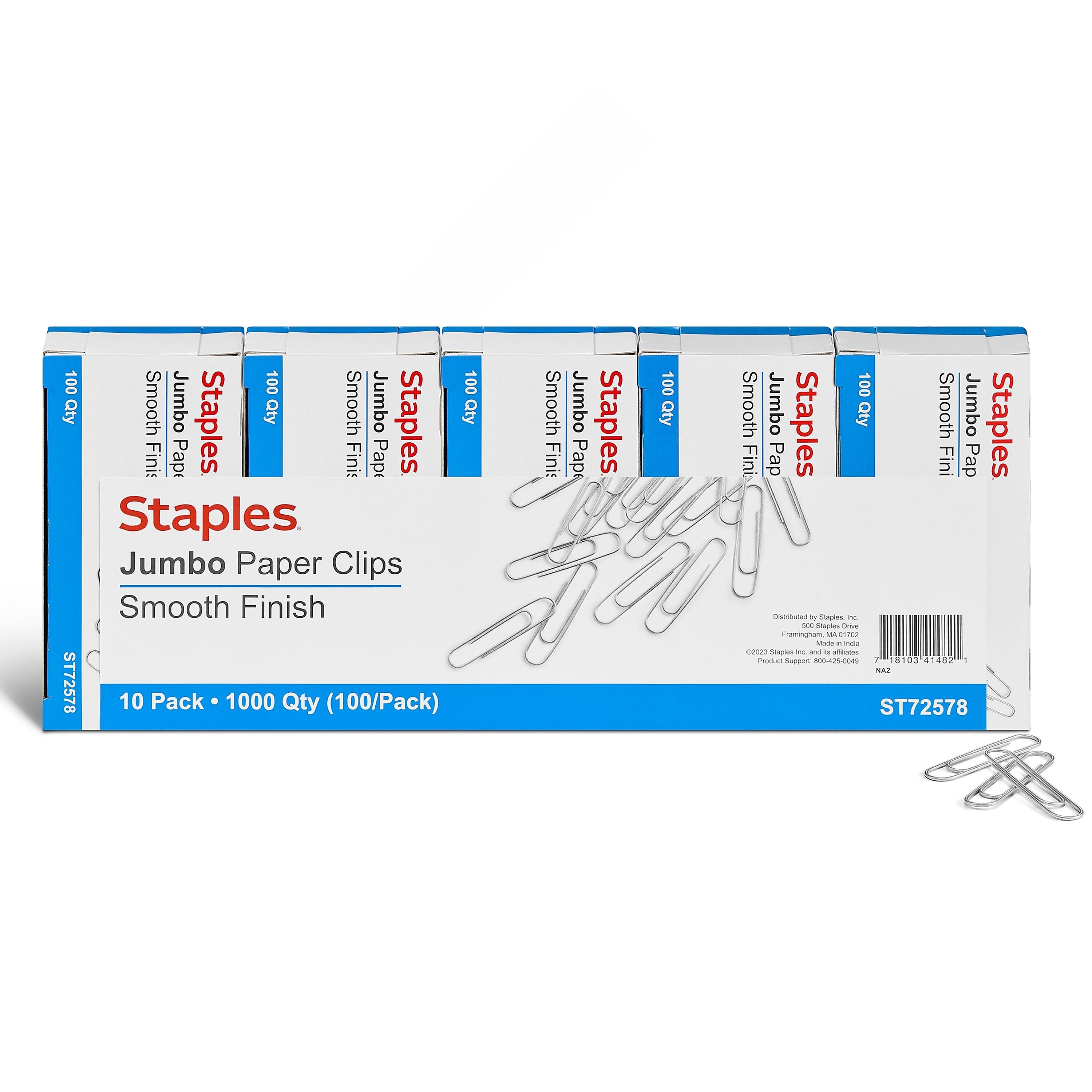 Staples Smooth Jumbo Paper Clips, Silver, 1000 Clips/Pack, 10/Pack(A7026605/72578)