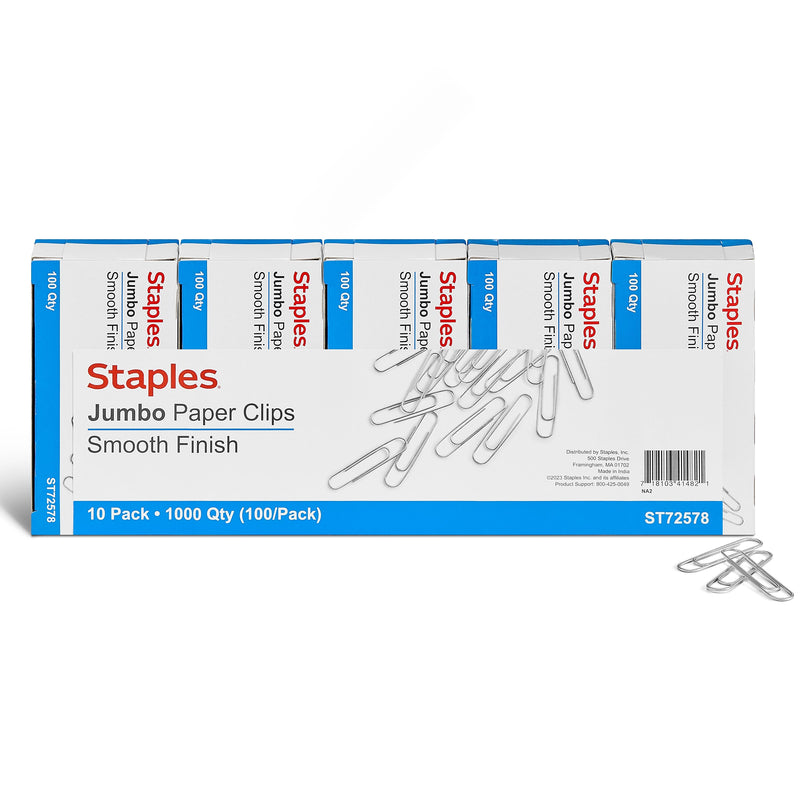 Staples Smooth Jumbo Paper Clips, Silver, 1000 Clips/Pack, 10/Pack(A7026605/72578)