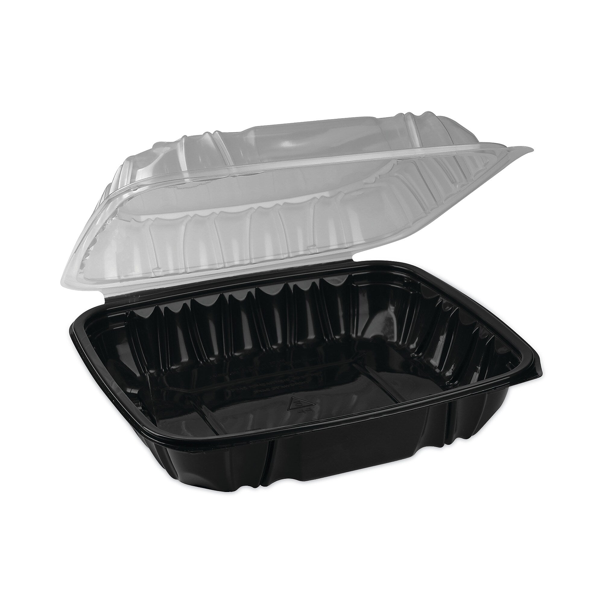 Pactiv Evergreen EarthChoice Vented Dual Color Microwavable Hinged Lid Container, 66oz, Black/Clear, Plastic, 132/CT