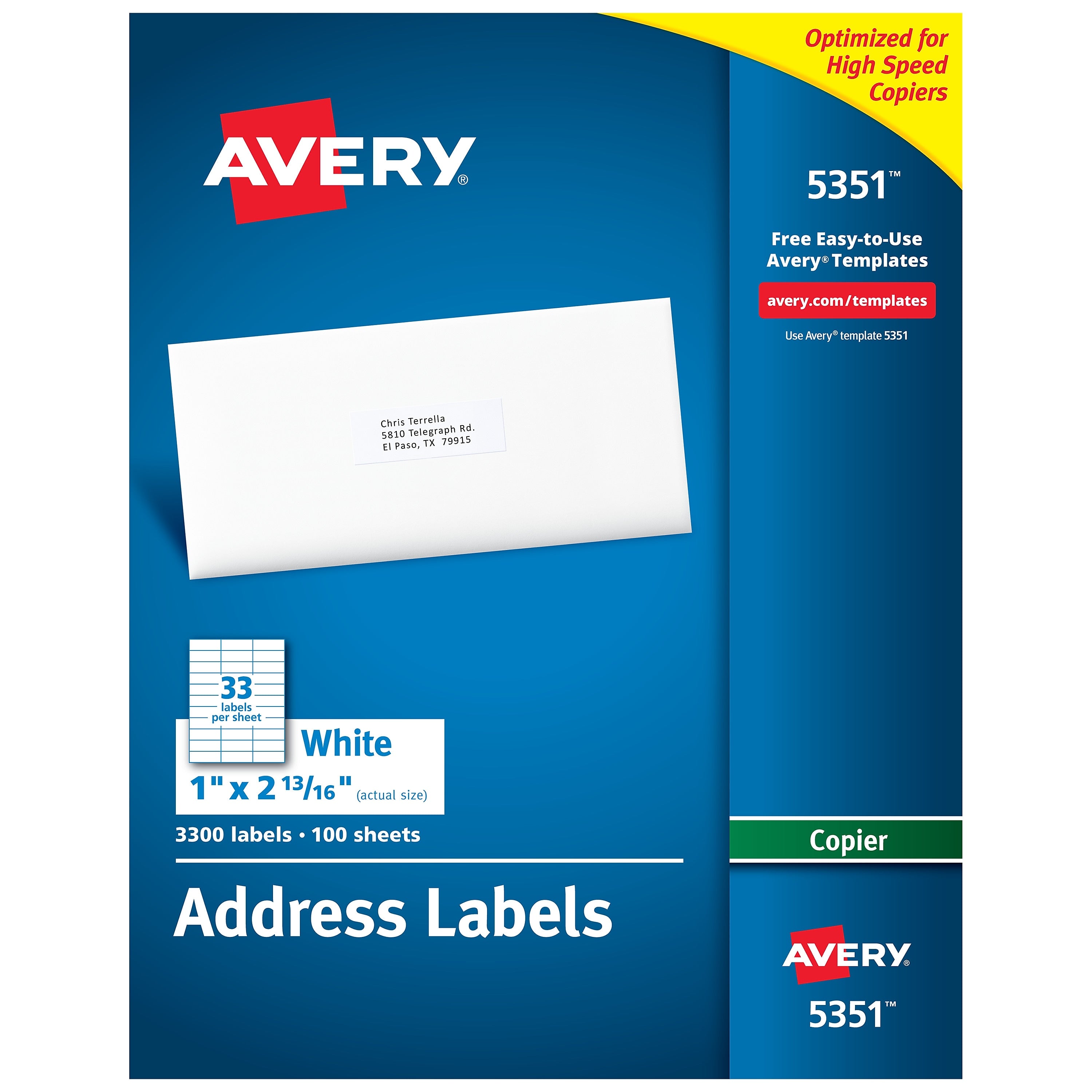 Avery Copier Address Labels, 1" x 2-13/16", White, 3300 Labels/Box (5351)