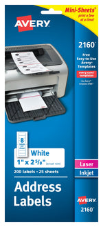 Avery Mini-Sheets Laser/Inkjet Address Labels, 1" x 2-5/8", White, 200 Labels/Pack (2160)