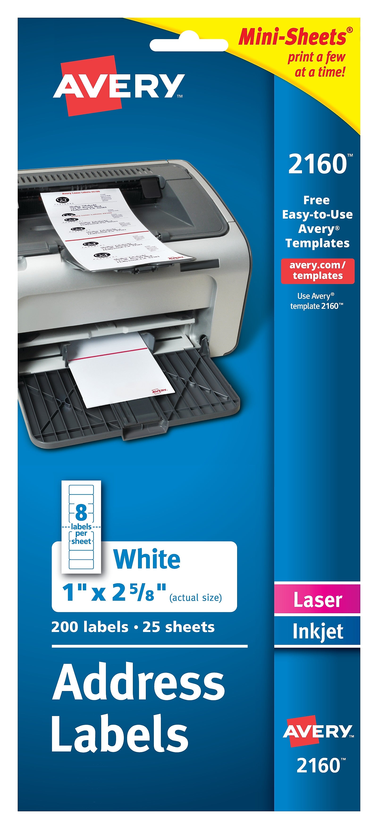Avery Mini-Sheets Laser/Inkjet Address Labels, 1" x 2-5/8", White, 200 Labels/Pack (2160)