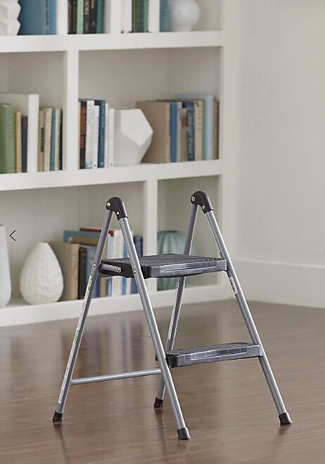 Cosco Folding Step Stool, 2-Step, 200 lb Capacity, 16.9" Working Height, Platinum/Black (11024PBL1E)