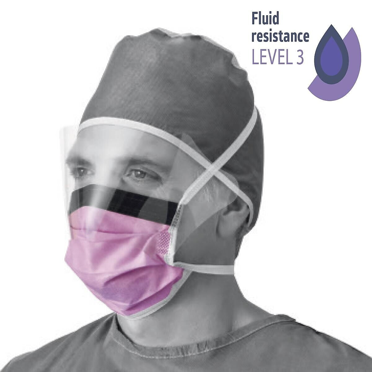 Medline ASTM Level 3 Surgical Face Masks with Eye Shield, Purple, 25/Box, 4 Boxes/Carton (NON27410)
