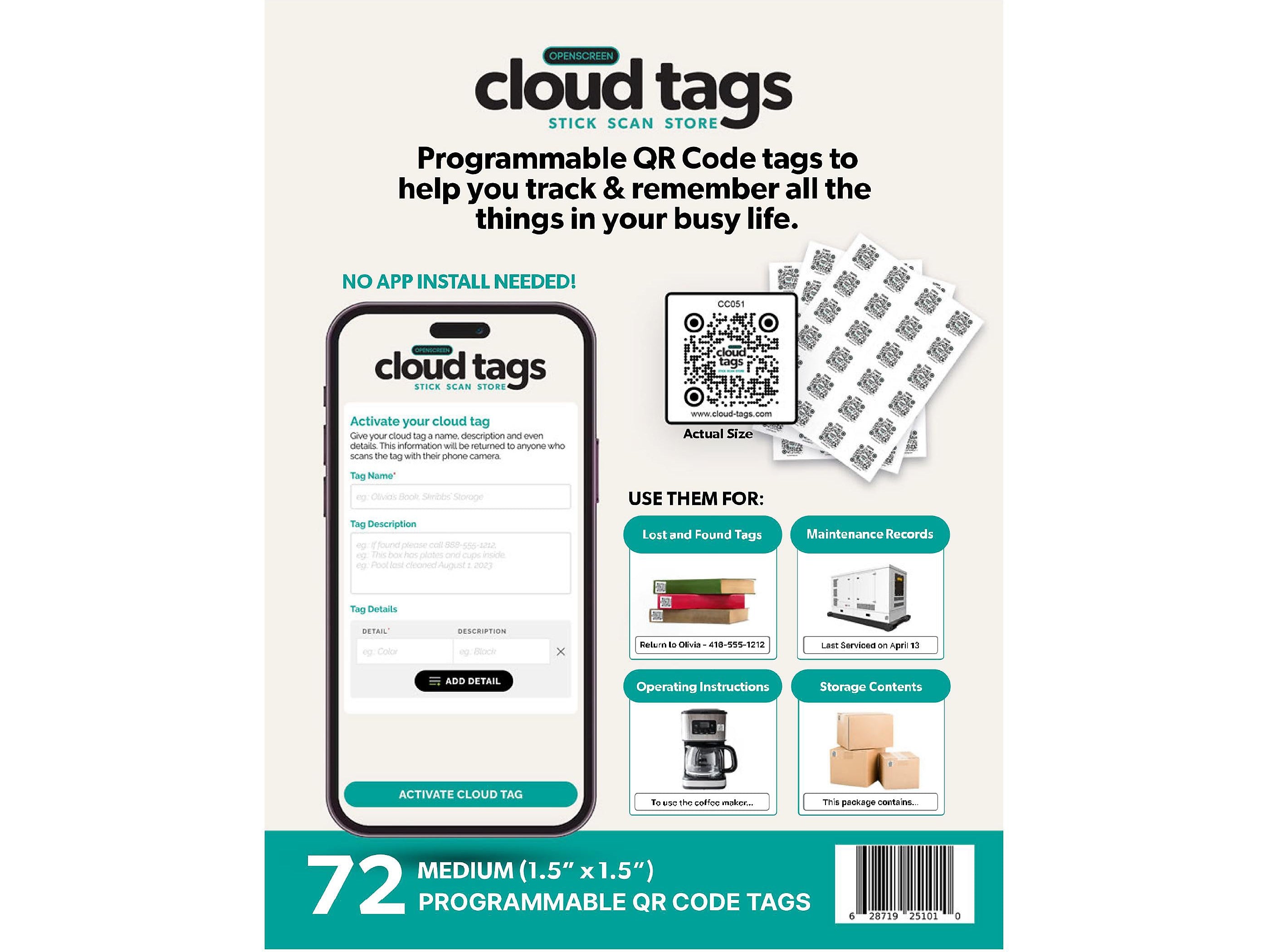 Davis Group Cloud Tags QR Code Labels, 1.5" x 1.5", White/Black, 24 Labels/Sheet, 3 Sheets/Pack (10111)