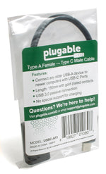Plugable 6" USB-C to USB-A, Male to Female, Black (USBC-AF3)