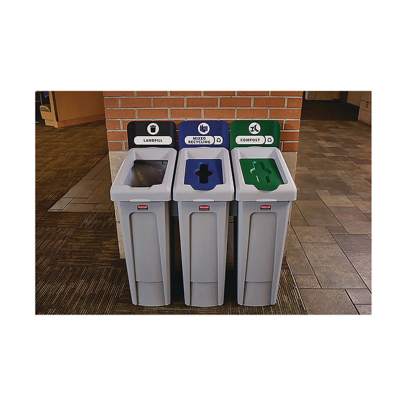 Rubbermaid Commercial Slim Jim Single-Stream Mixed Recycling Station Kit, 23 Gallon, Gray/Blue (2185055)