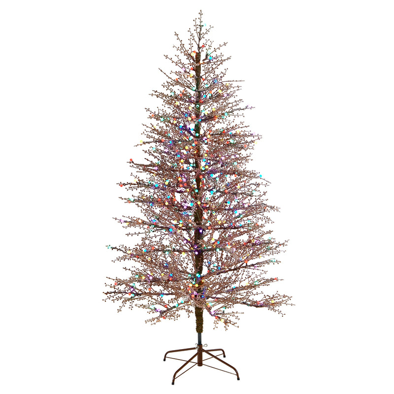 Nearly Natural 7-ft Frosted Berry Twig Artificial Christmas Tree with 450 Multicolored Gum Ball LED Lights (T3258)