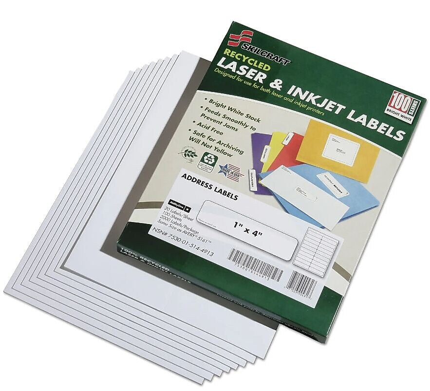 AbilityOne Skilcraft Laser/Inkjet Address Labels, 1" x 4", White, 20 Labels/Sheet, 100 Sheets/Pack (NIB015144913)