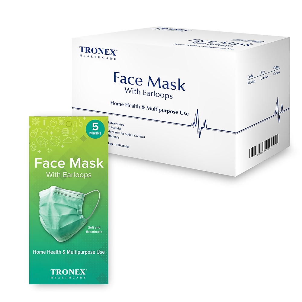 Tronex Disposable Face Mask with Earloops, Green, 5/Bag, 20 Bags/Box, 20 Boxes/Case (RP5085)