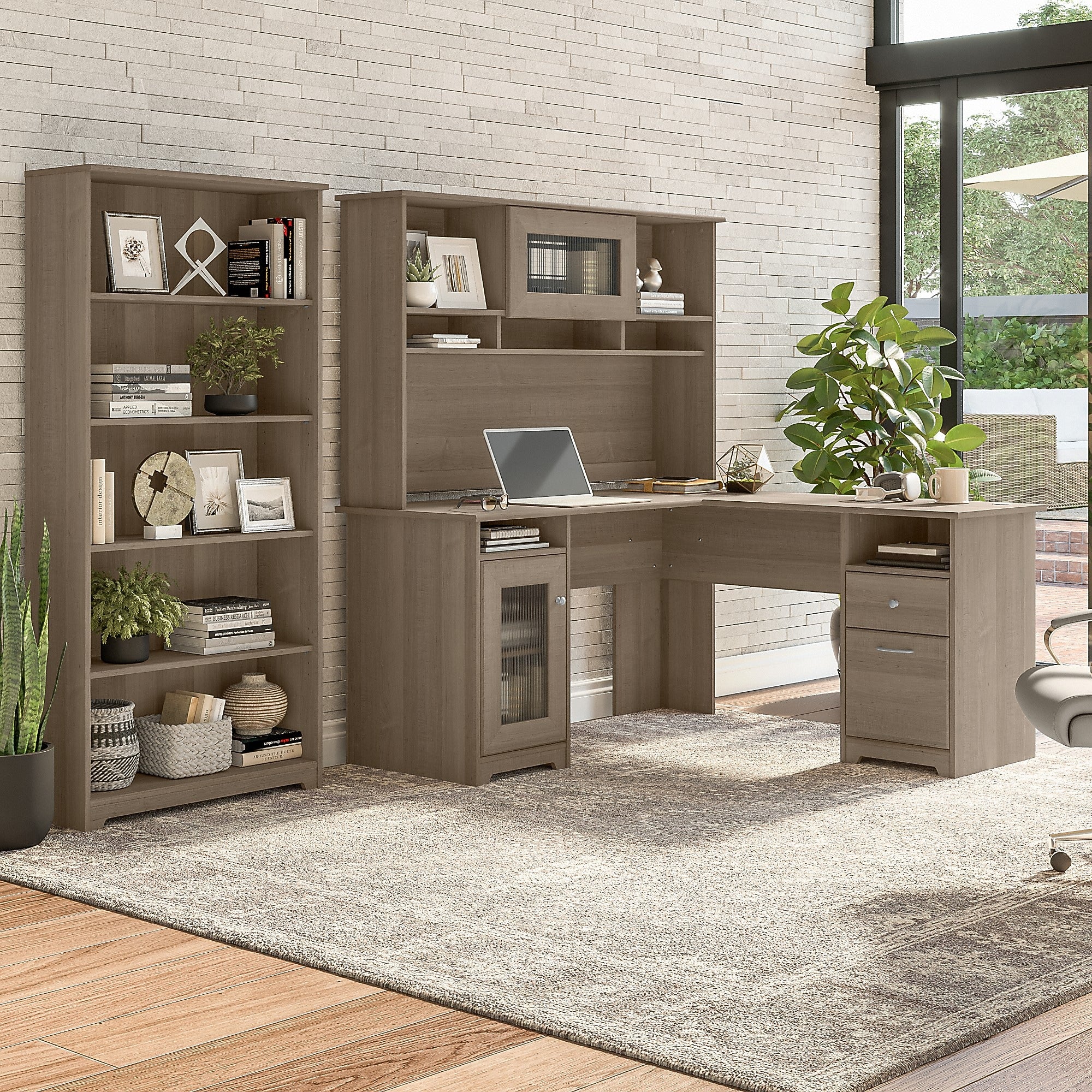 Bush Furniture Cabot 60"W L-Shaped Desk with Hutch and 5-Shelf Bookcase, Ash Gray (CAB011AG)