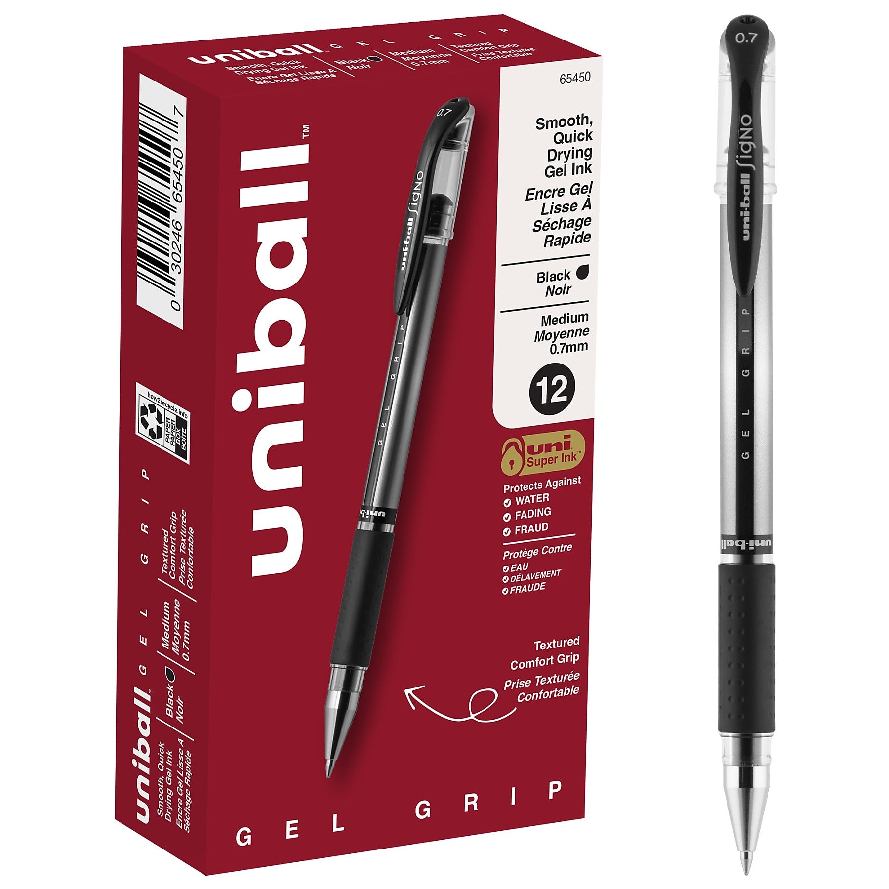 uni-ball Gel Grip Gel Pens, Medium Point, Black Ink, Dozen (65450)